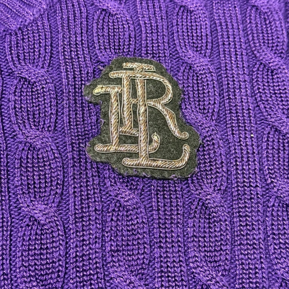 Lauren Ralph Lauren Purple Cable Knit Sweater Small Petite Metallic Crest Emblem - Picture 2 of 5
